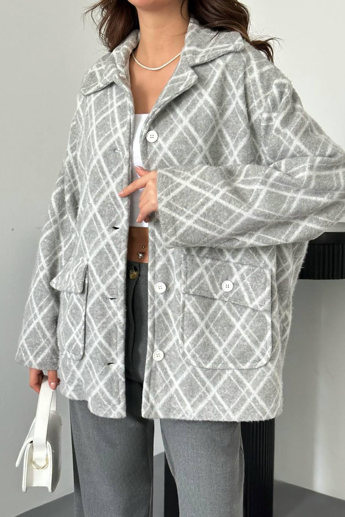 Toptan Gri Polar Baklava Ekose Ceket