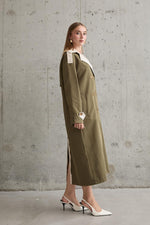 Toptan Haki Bej Arkası Çizgili Ve Kemerli Trençkot