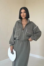 Toptan Haki Biyeli Sweatshirt Ve Etek Takım