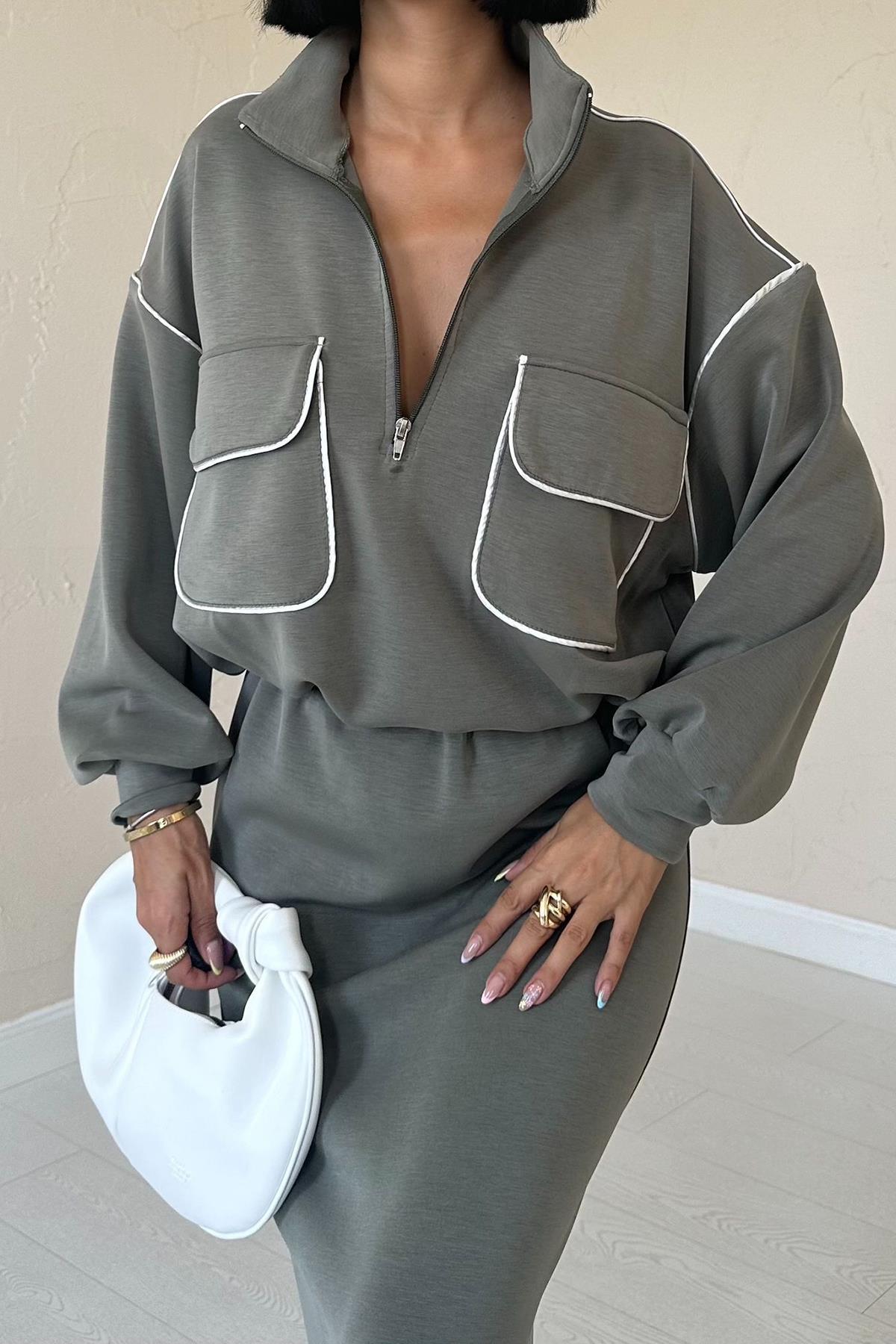 Toptan Haki Biyeli Sweatshirt Ve Etek Takım