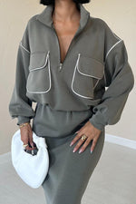 Toptan Haki Biyeli Sweatshirt Ve Etek Takım