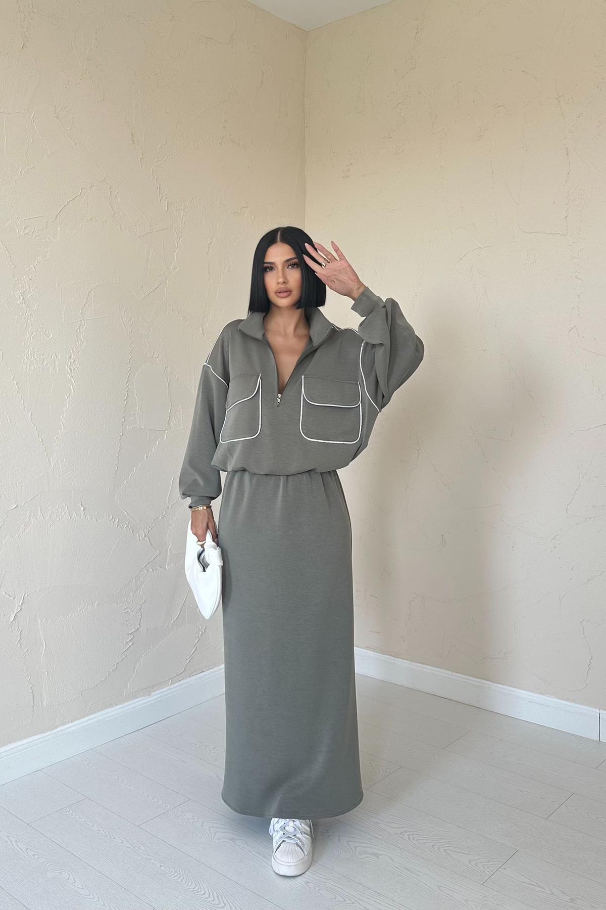 Toptan Haki Biyeli Sweatshirt Ve Etek Takım