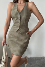 Toptan Haki Çizgili Yelek Ve Etek Takım