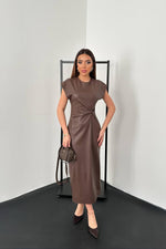 Toptan Kahverengi Deri Düğümlü Elbise