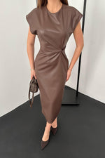 Toptan Kahverengi Deri Düğümlü Elbise