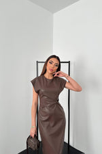 Toptan Kahverengi Deri Düğümlü Elbise