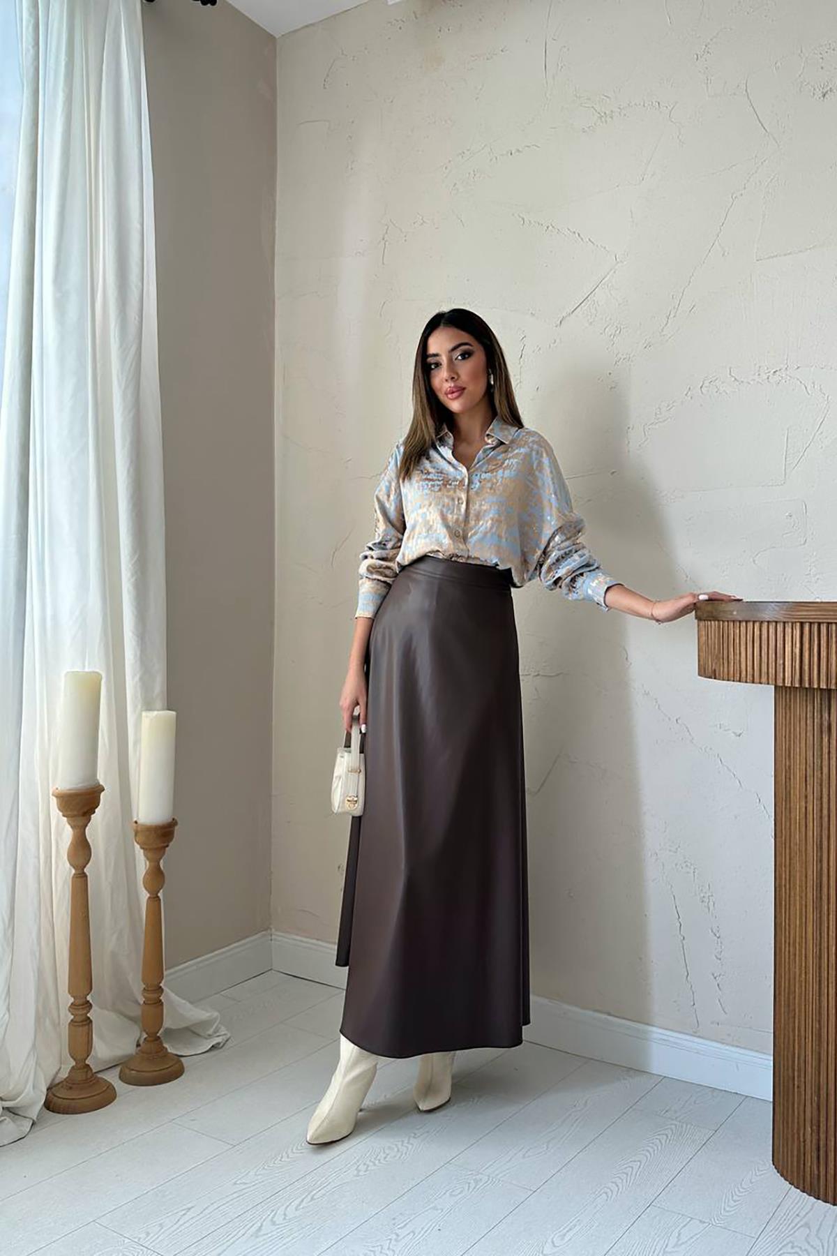 Toptan Kahverengi Deri Uzun Etek