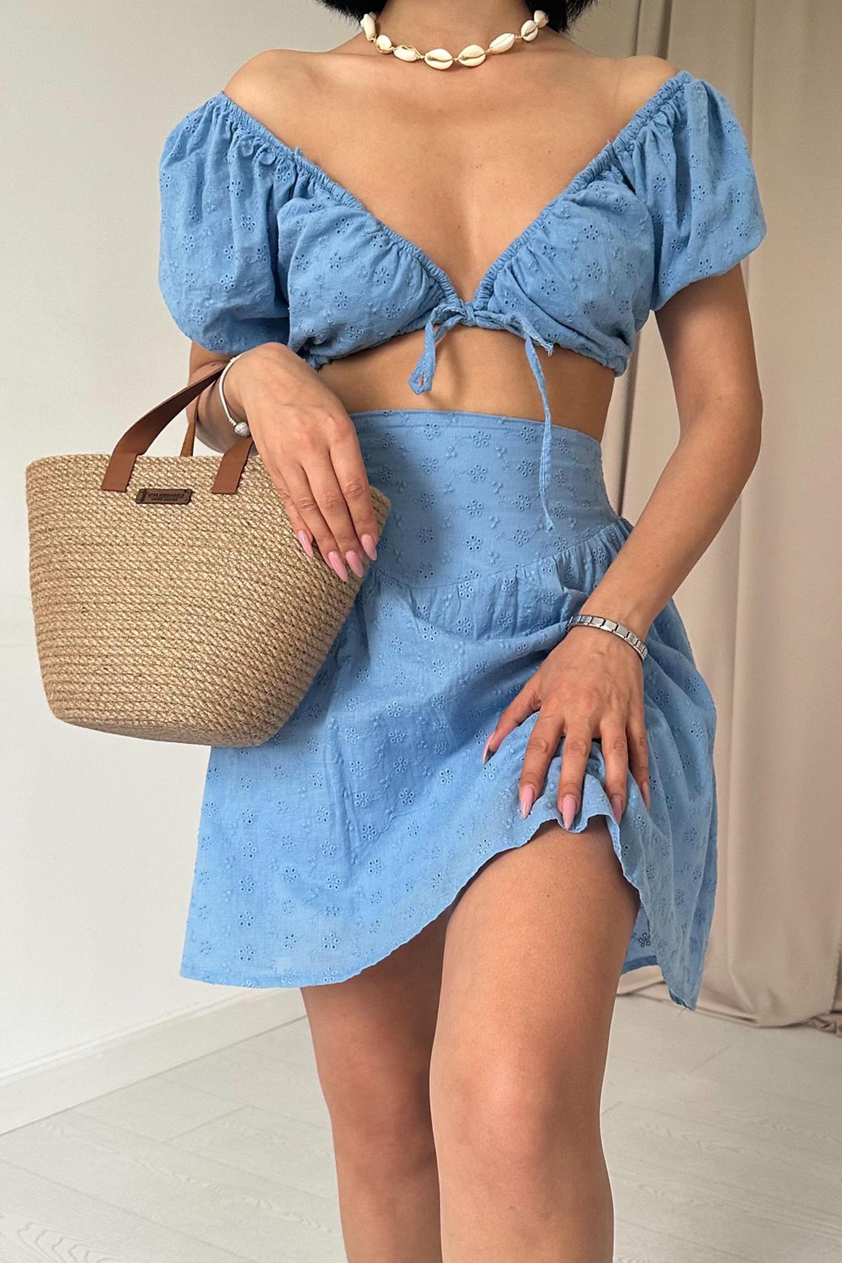 Toptan Mavi Brode Crop Ve Mini Etek Takım