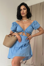 Toptan Mavi Brode Crop Ve Mini Etek Takım