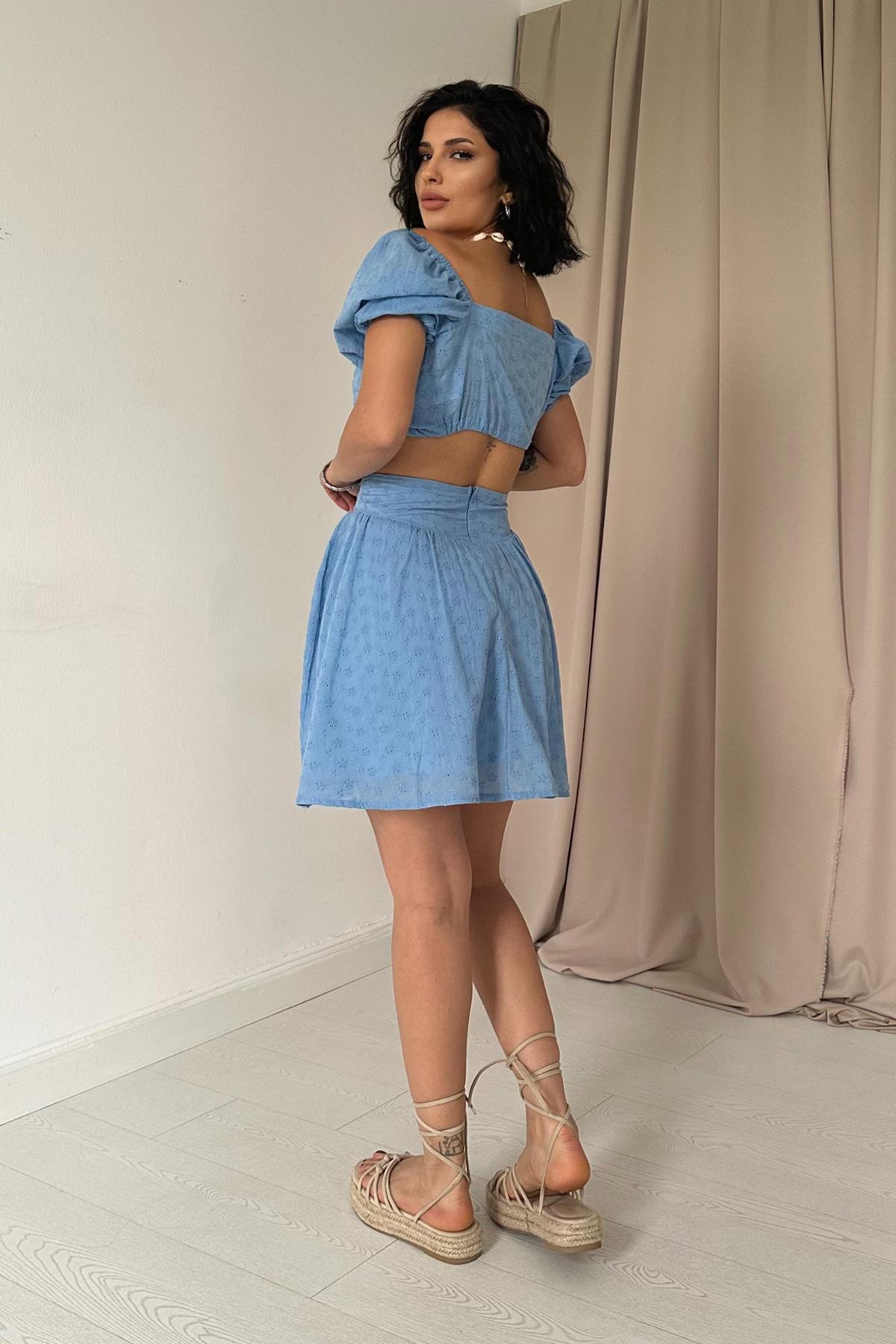 Toptan Mavi Brode Crop Ve Mini Etek Takım