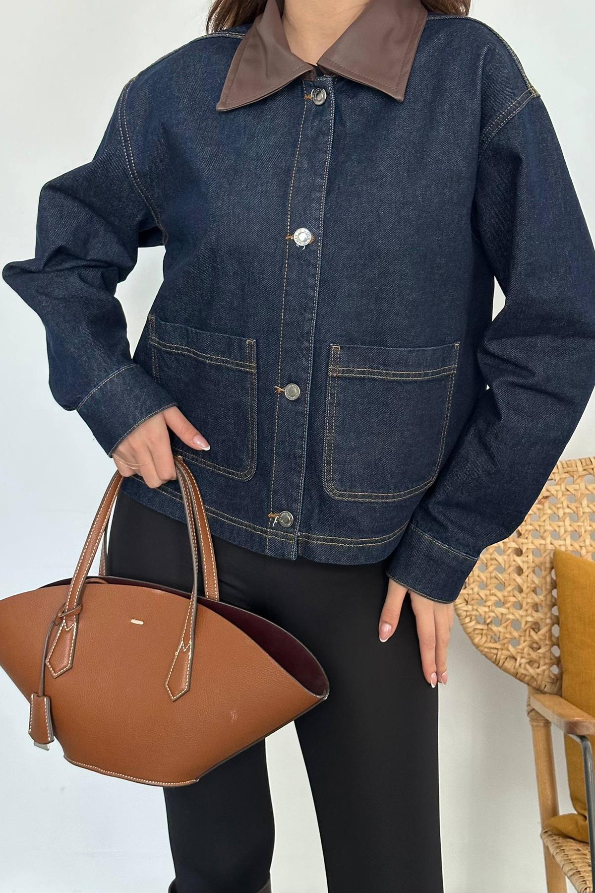 Toptan Mavi Deri Garnili Kot Ceket