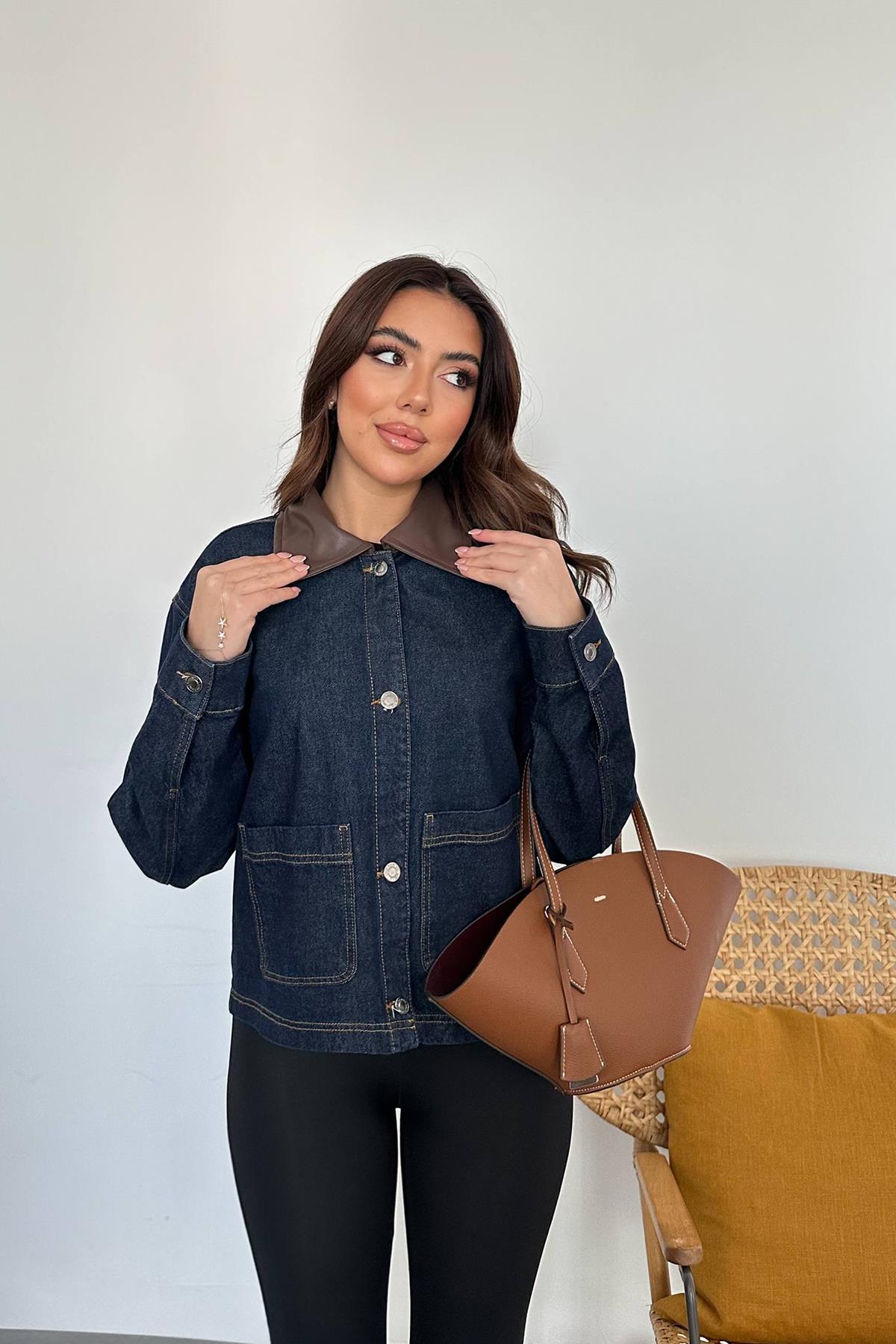 Toptan Mavi Deri Garnili Kot Ceket