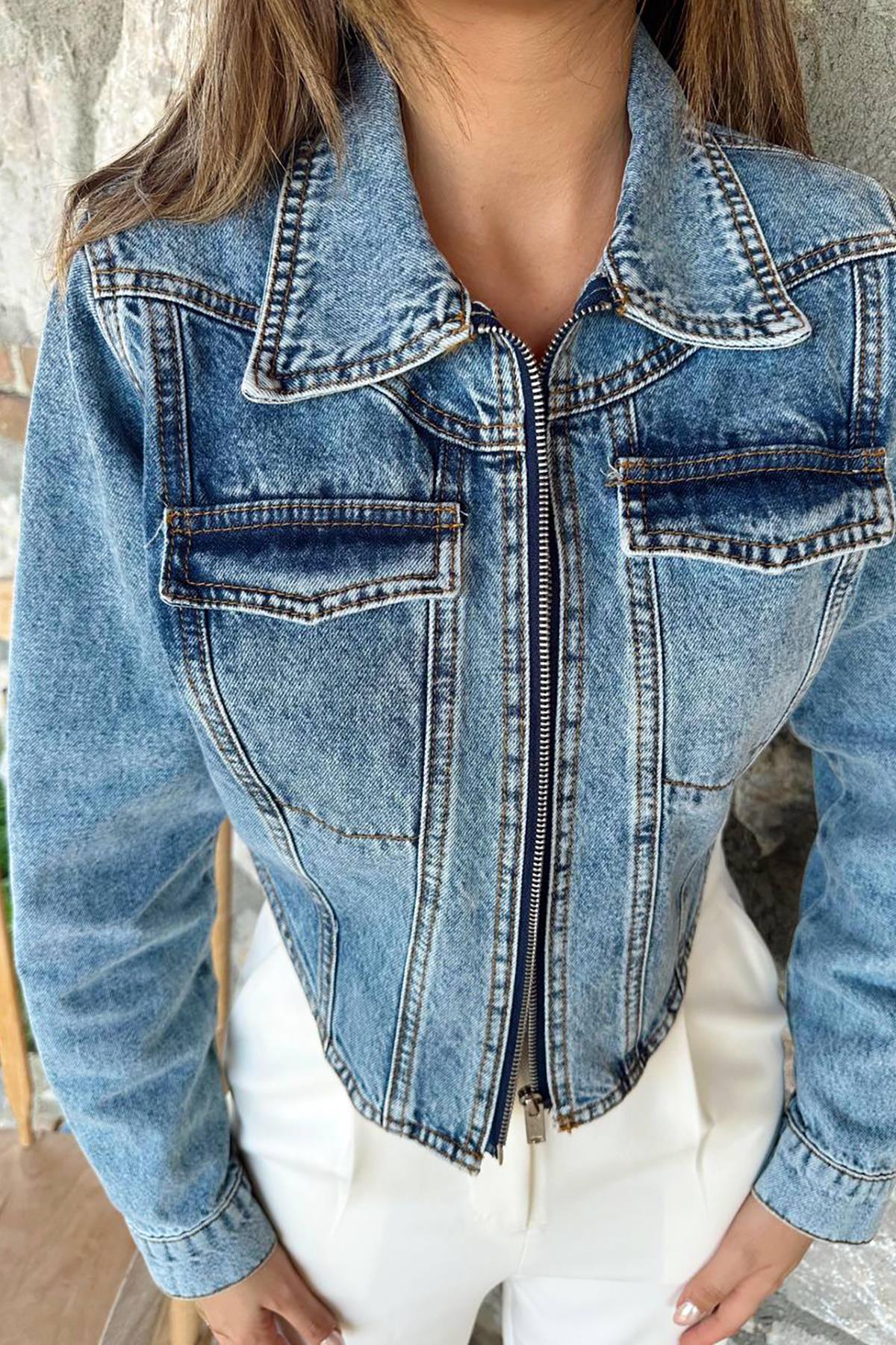 Toptan Mavi Korse Detaylı Kot Ceket