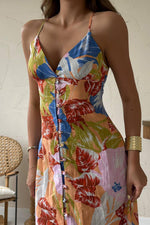 Toptan Mavi Sırt Dekolteli Keten Elbise