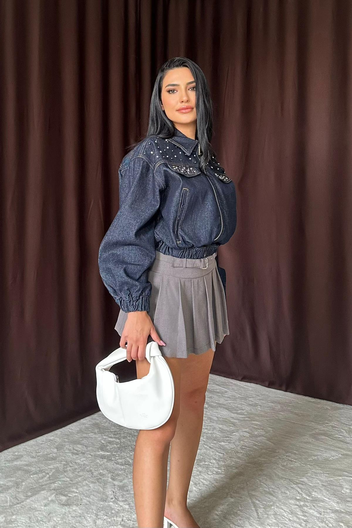 Toptan Mavi Taşlı Kısa Kot Ceket