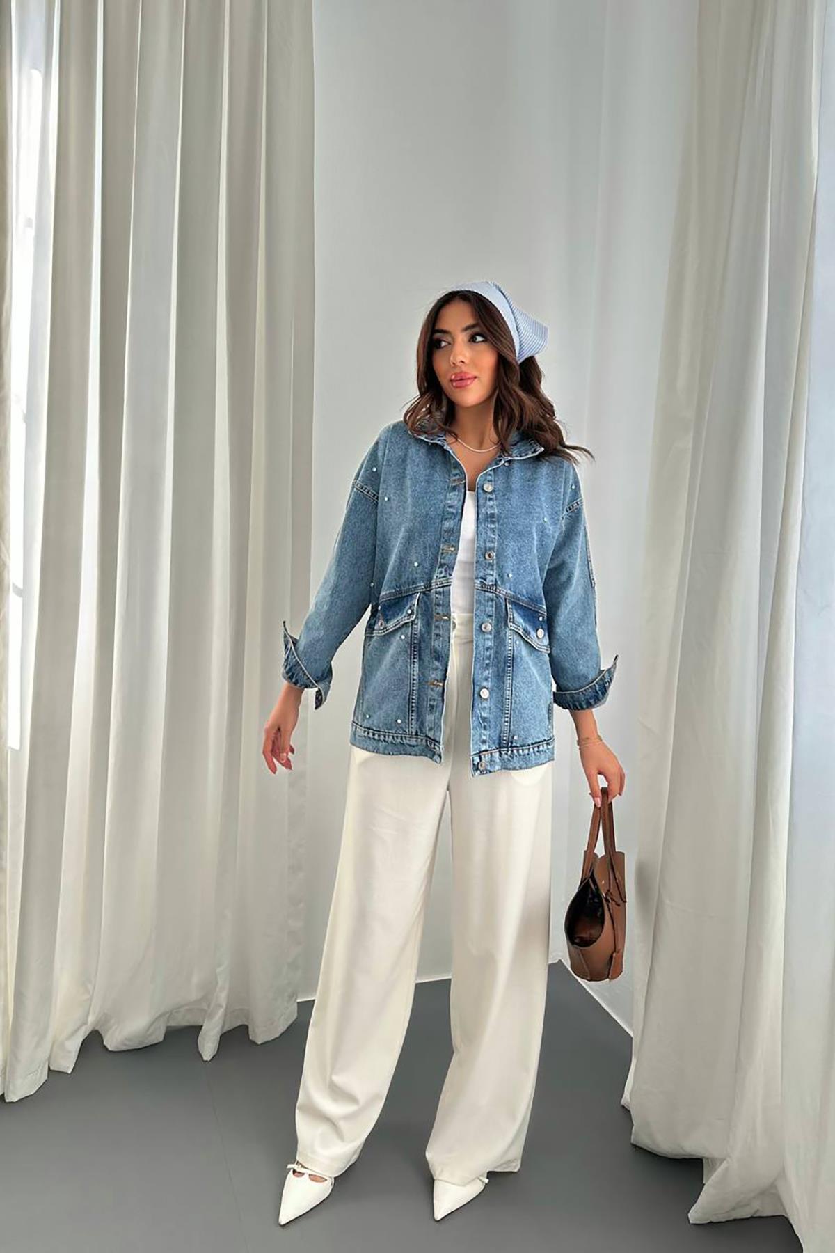 Toptan Mavi Taşlı Kot Ceket