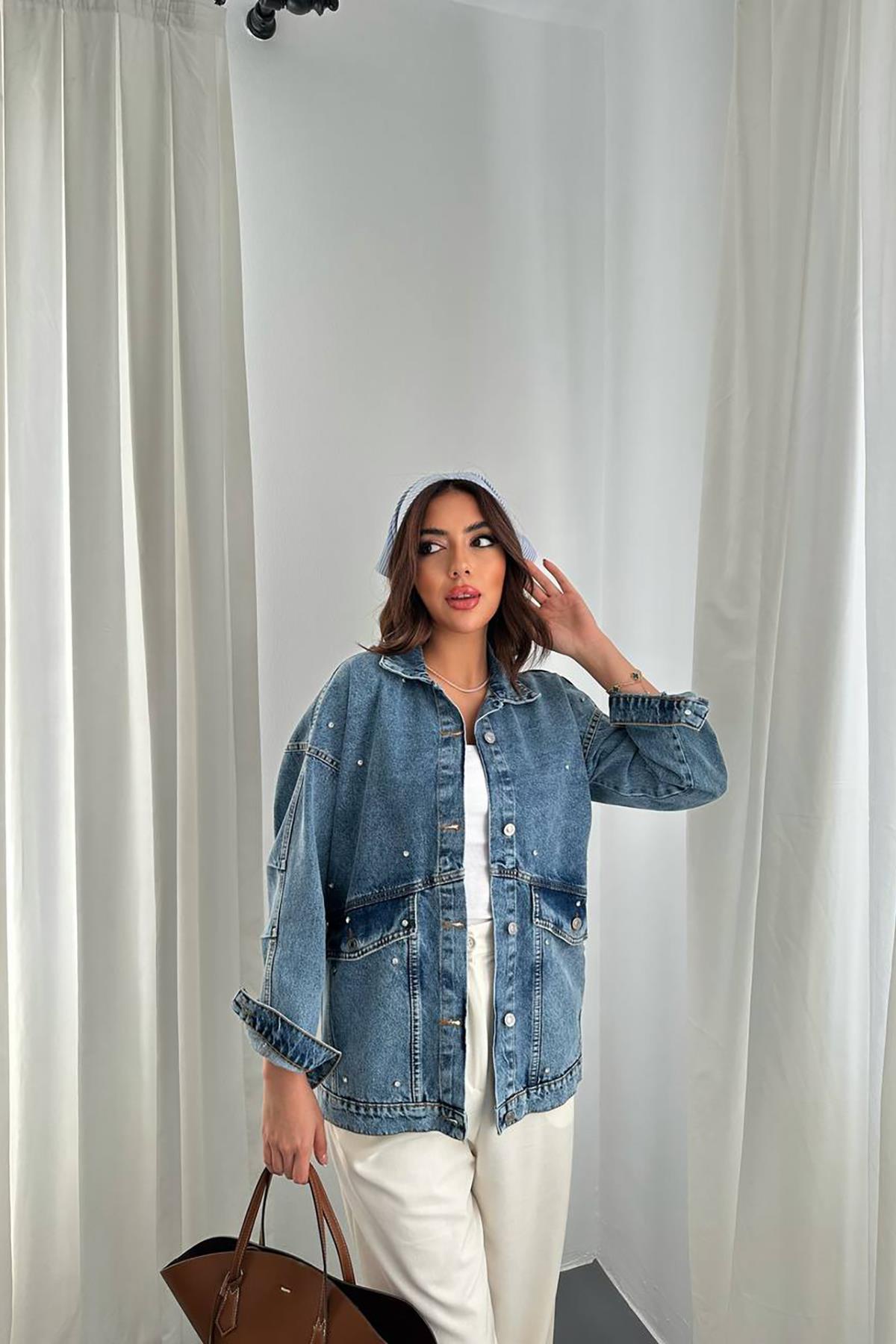 Toptan Mavi Taşlı Kot Ceket