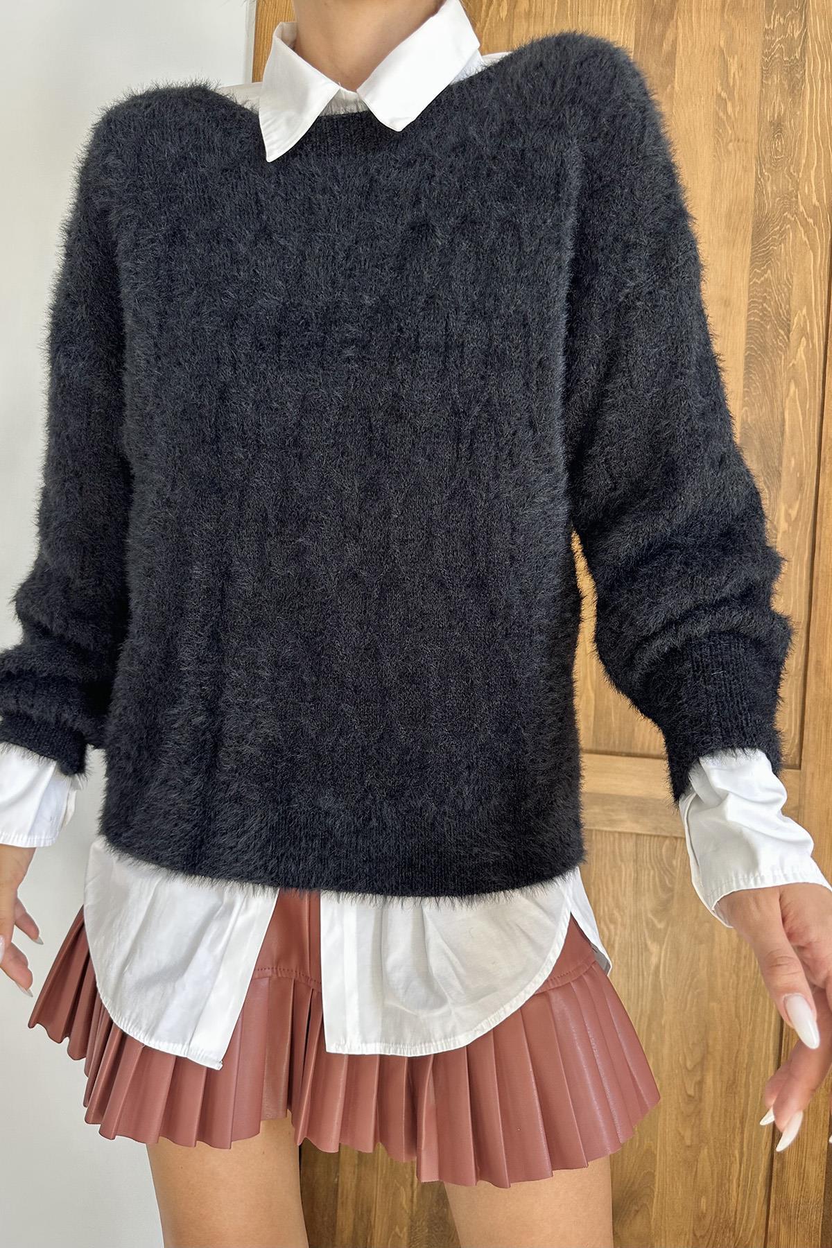 Toptan Siyah Baklava Desenli Triko Kazak