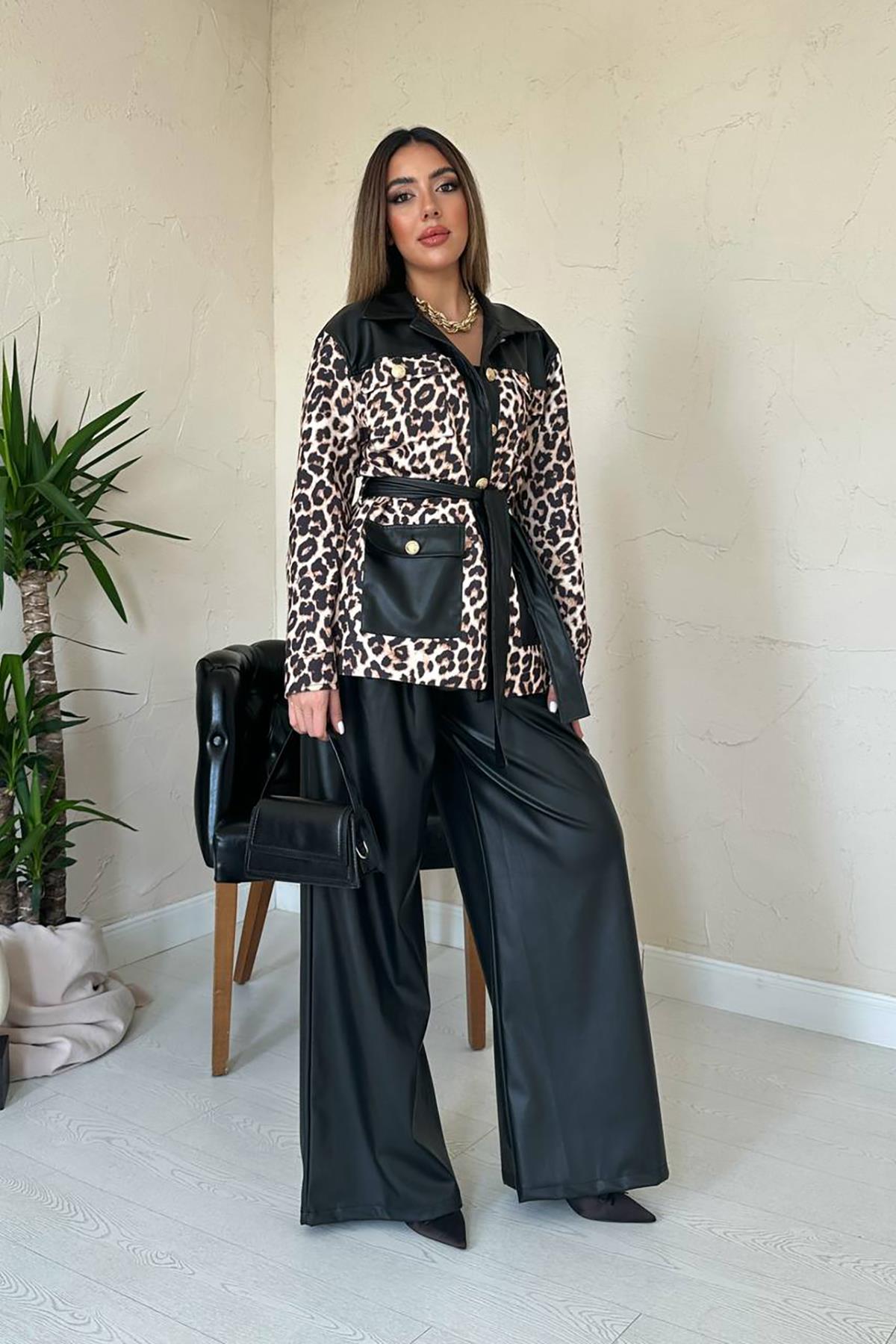 Toptan Siyah Deri Garnili Leopar Takım