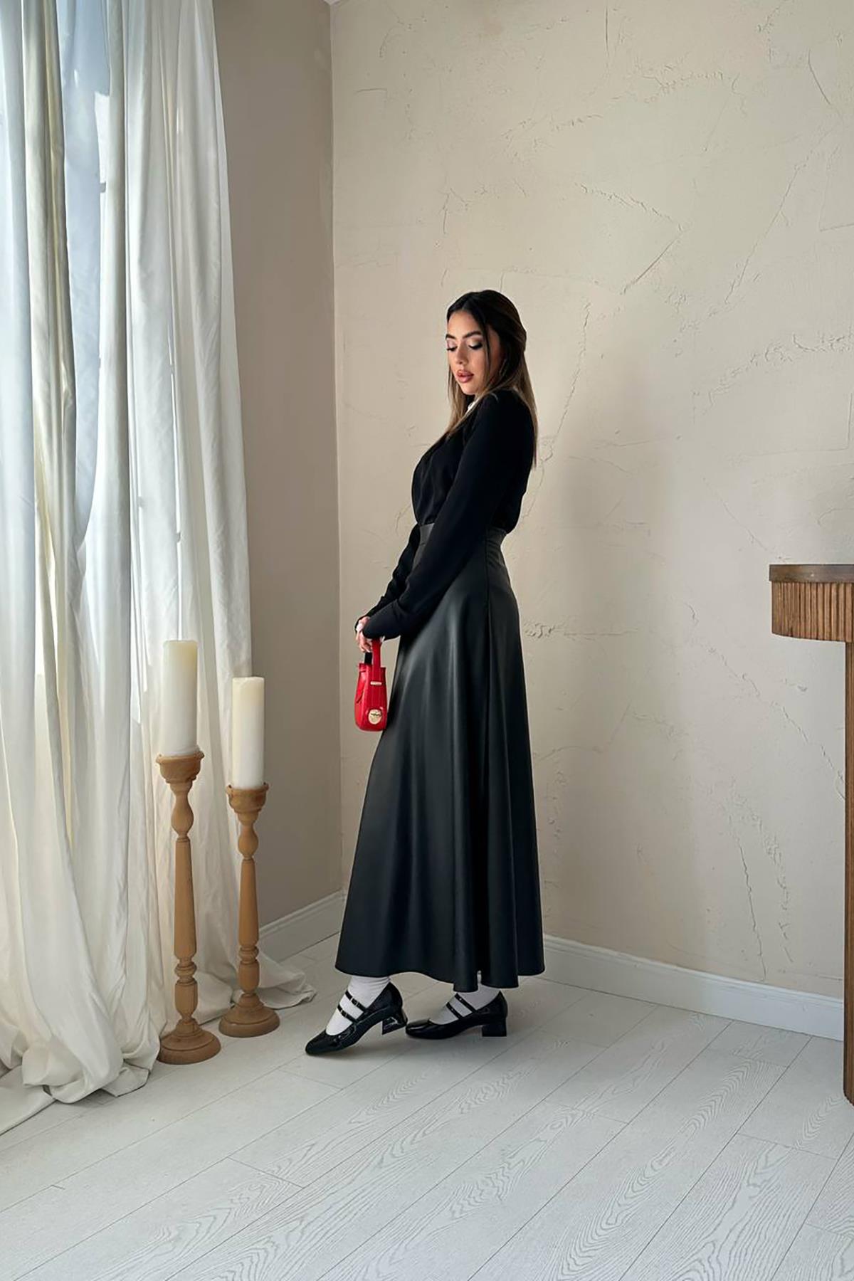 Toptan Siyah Deri Uzun Etek