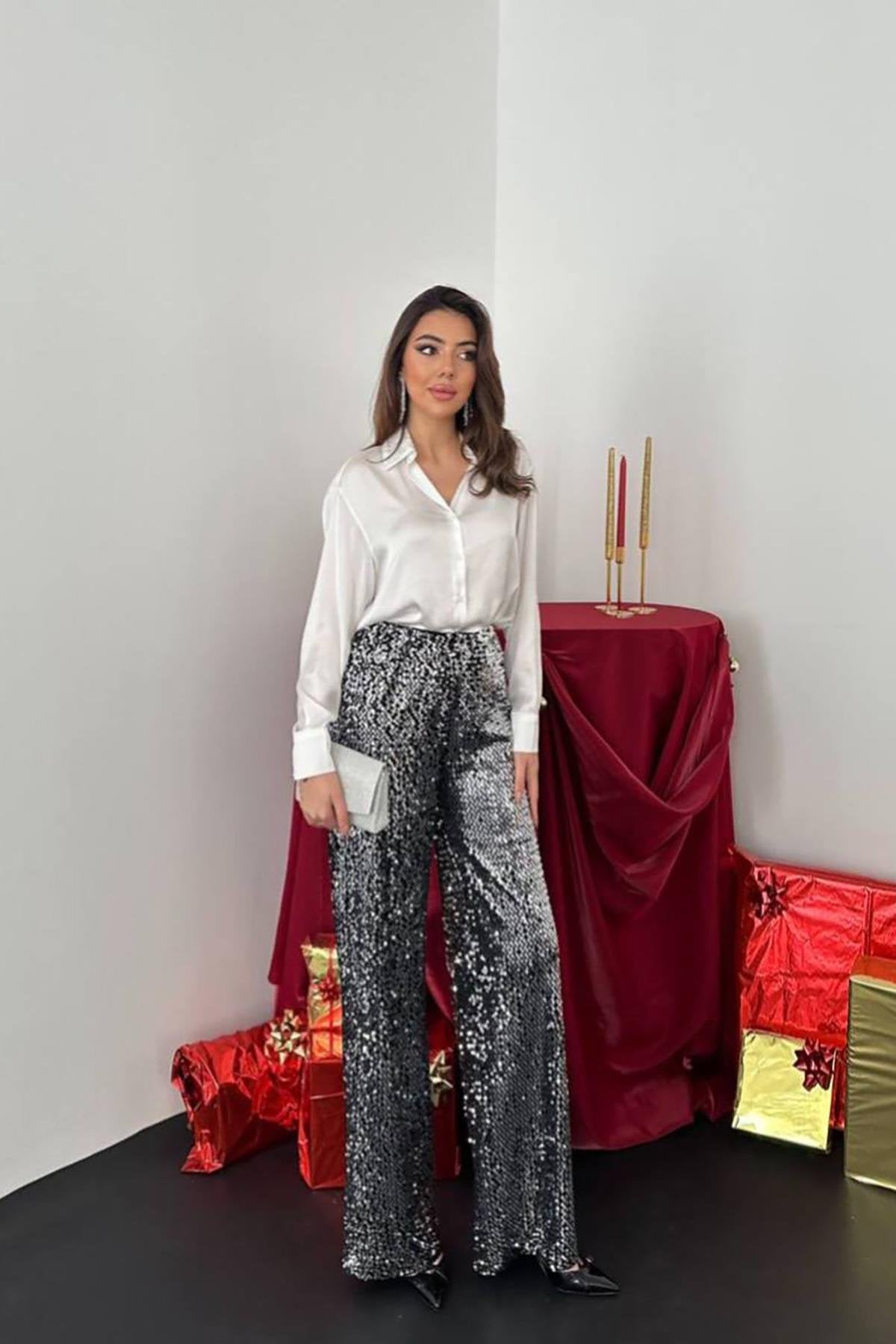 Toptan Siyah Gümüş Beli Lastikli Pullu Pantolon