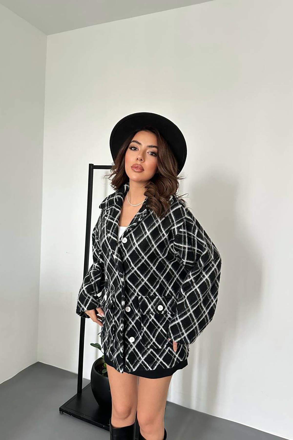 Toptan Siyah Polar Baklava Ekose Ceket