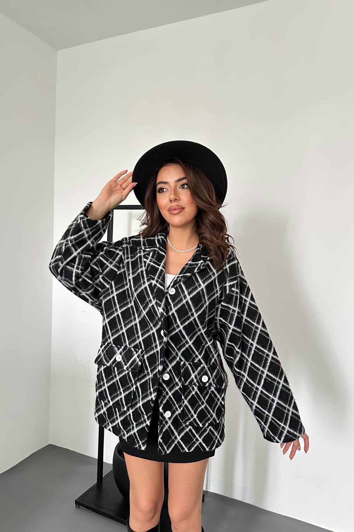 Toptan Siyah Polar Baklava Ekose Ceket