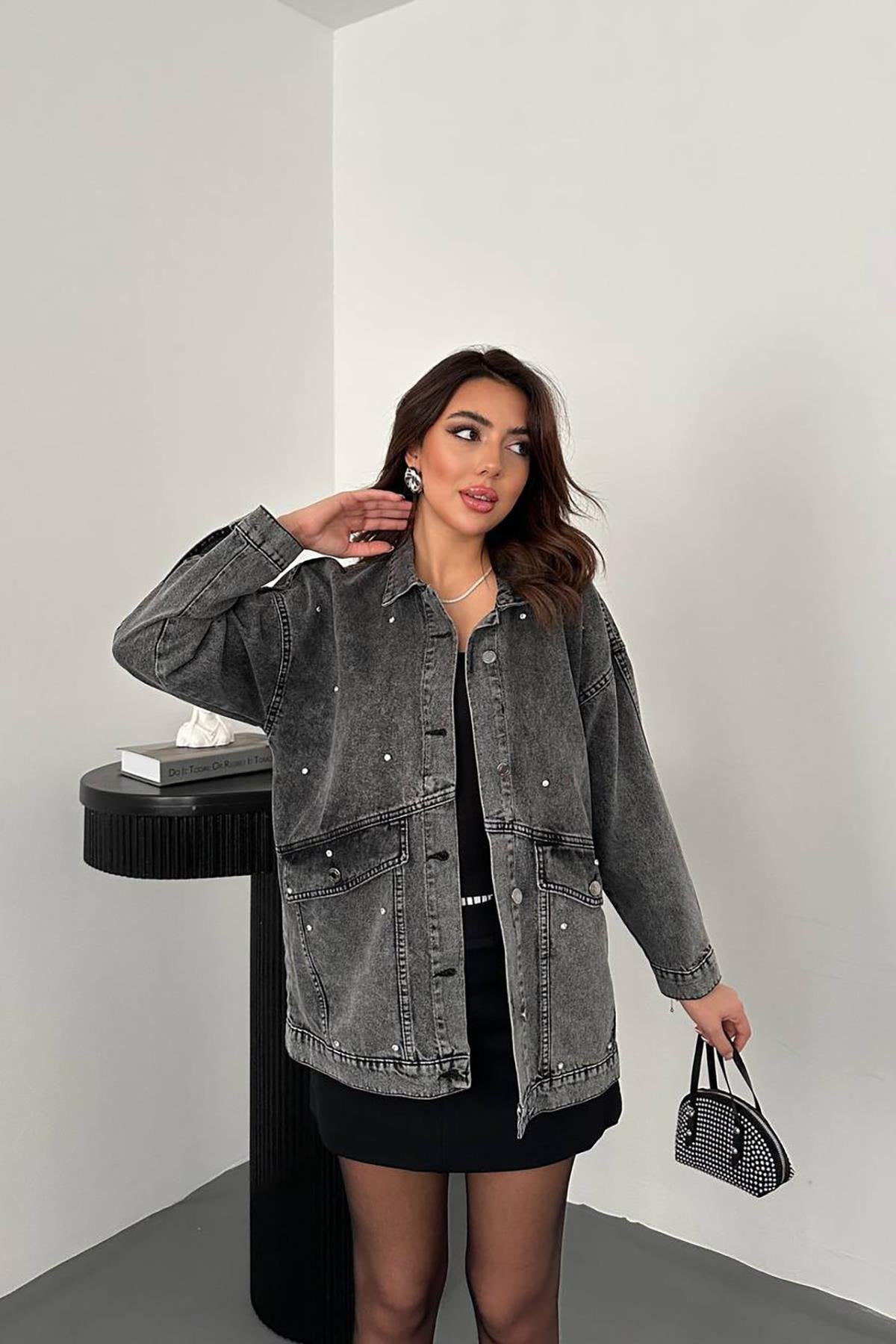 Toptan Siyah Taşlı Kot Ceket