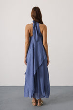 Asimetrik Bağlamalı Uzun Bohem Elbise - İndigo