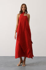 Asimetrik Bağlamalı Uzun Bohem Elbise - Kırmızı