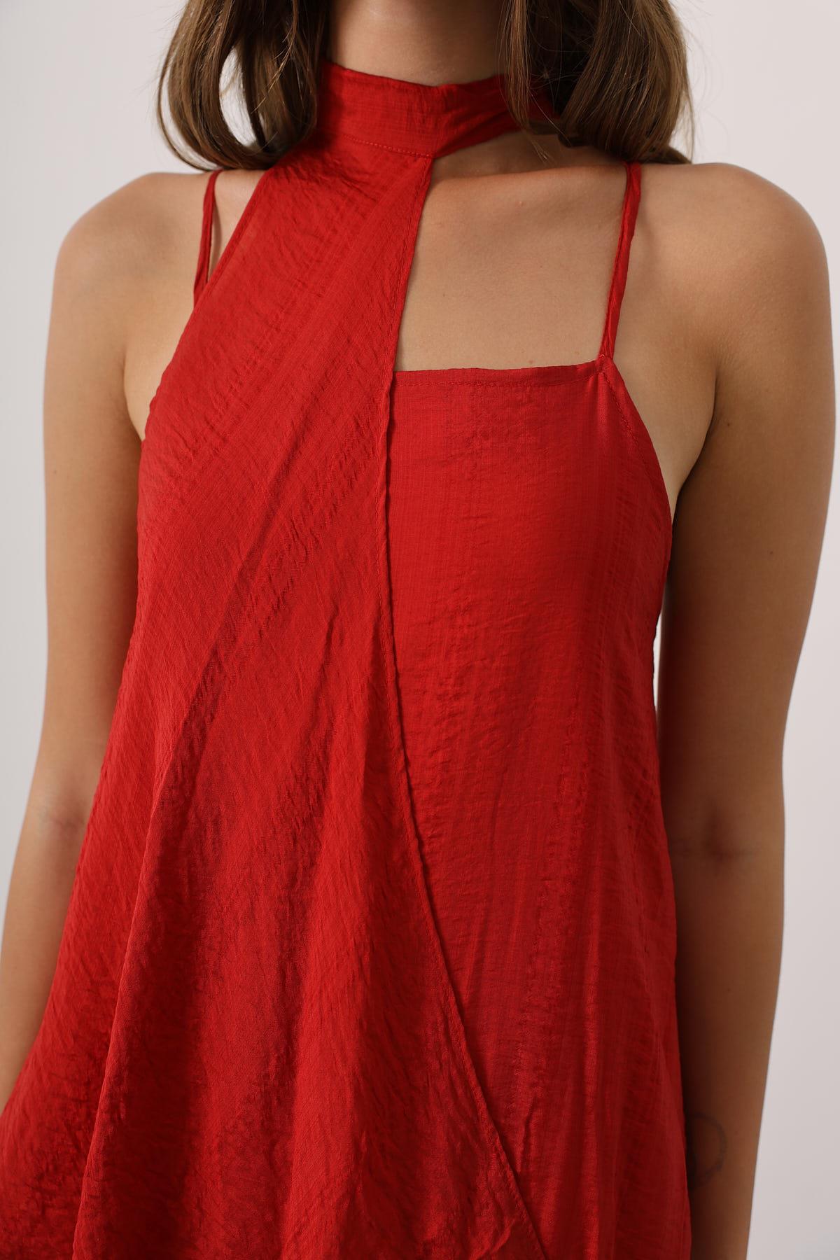 Asimetrik Bağlamalı Uzun Bohem Elbise - Kırmızı