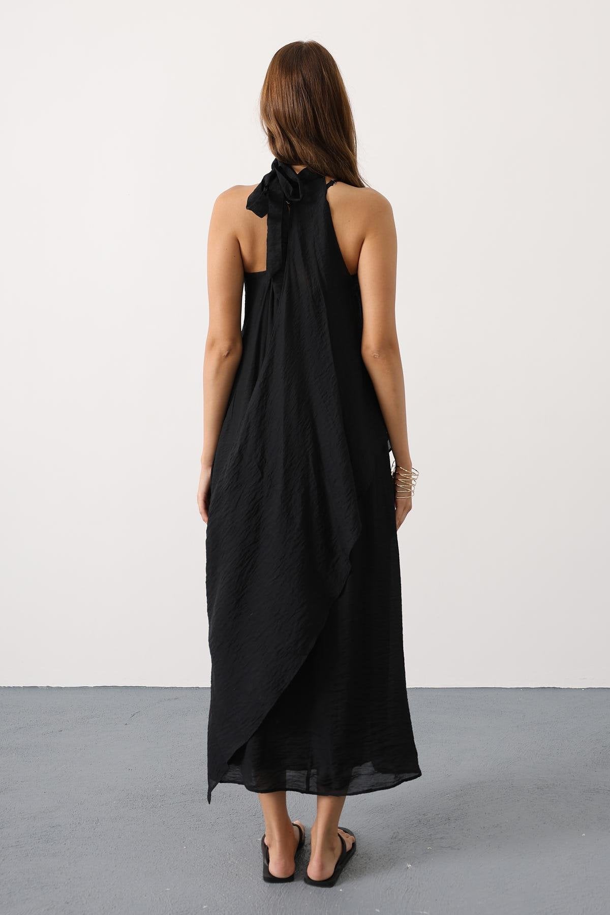 Asimetrik Bağlamalı Uzun Bohem Elbise - Siyah