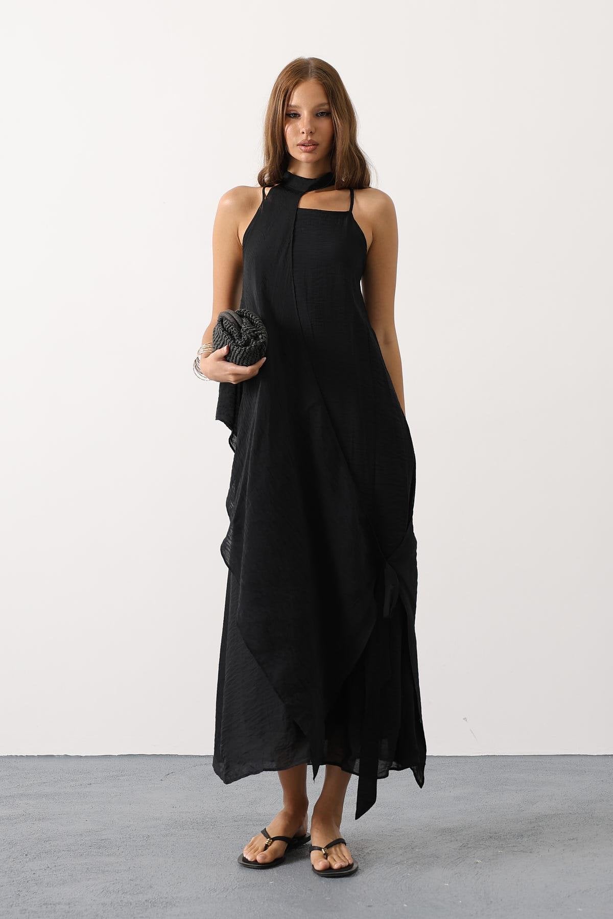 Asimetrik Bağlamalı Uzun Bohem Elbise - Siyah