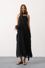Asimetrik Bağlamalı Uzun Bohem Elbise - Siyah
