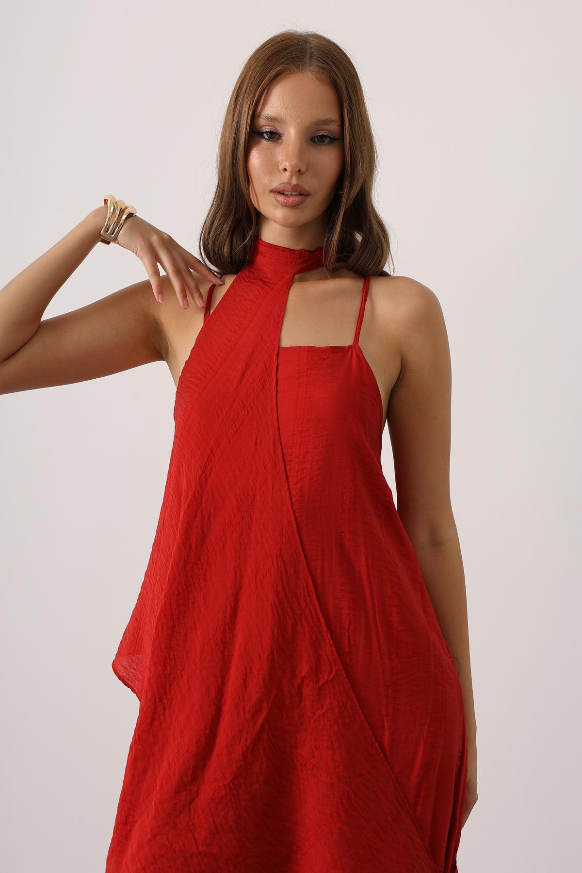 Asimetrik Bağlamalı Uzun Bohem Elbise - Kırmızı