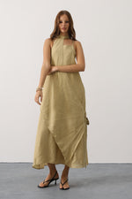 Asimetrik Bağlamalı Uzun Bohem Elbise - Yağ Yeşili
