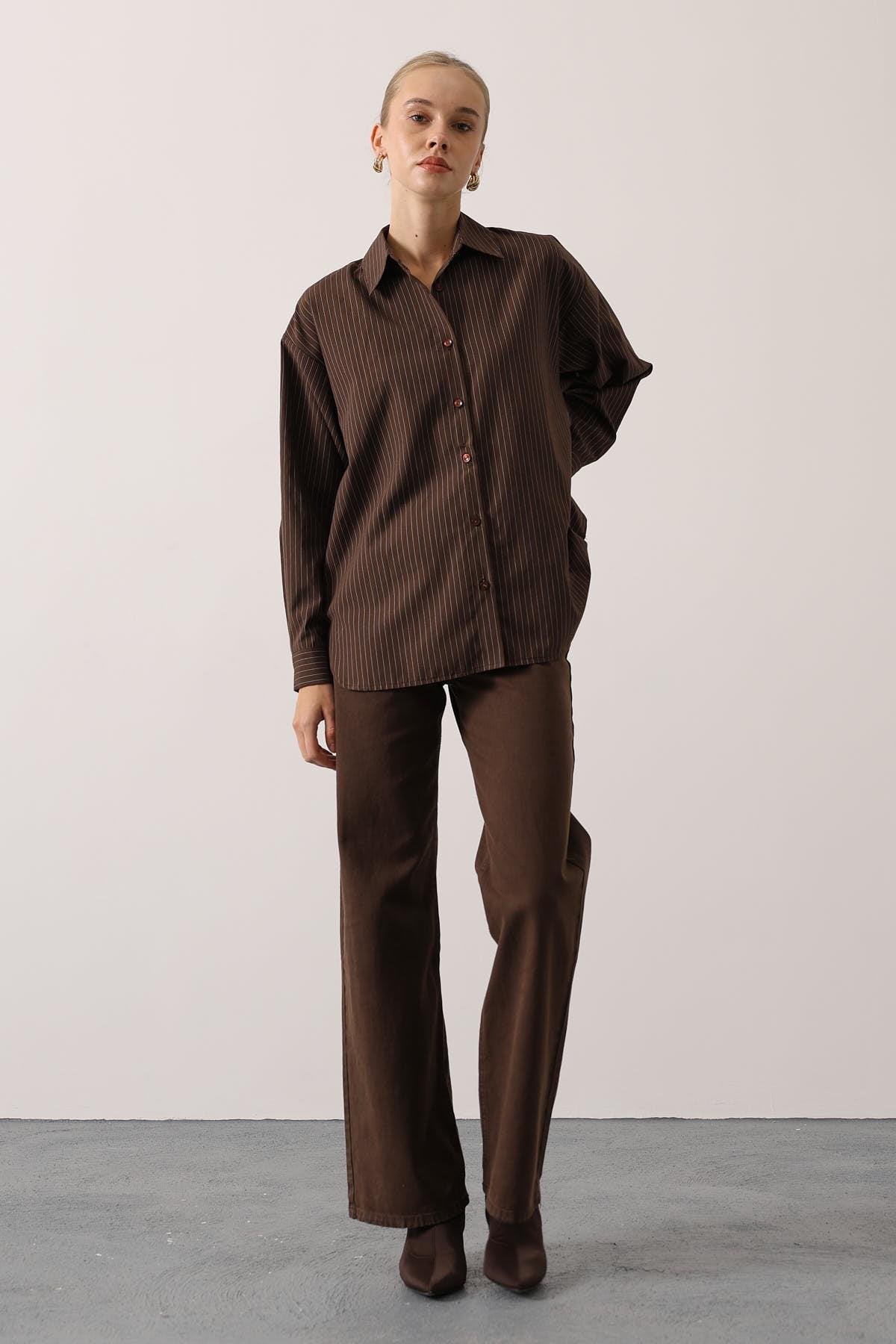 ÇİZGİLİ OVERSİZE GÖMLEK - Kahve