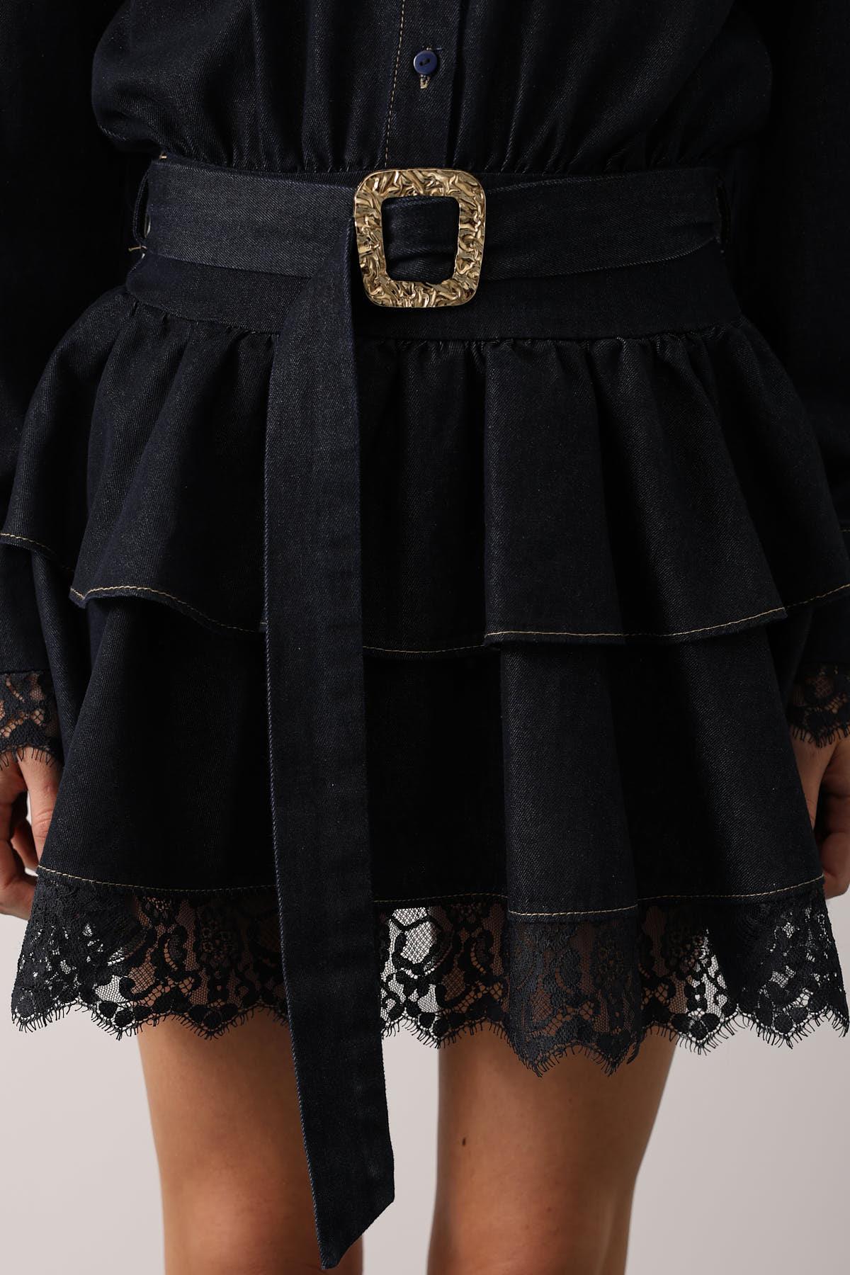 DANTELLİ KEMER DETAY DENİM ELBİSE - Lacivert