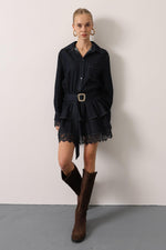 DANTELLİ KEMER DETAY DENİM ELBİSE - Lacivert