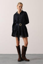 DANTELLİ KEMER DETAY DENİM ELBİSE - Lacivert