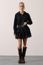 DANTELLİ KEMER DETAY DENİM ELBİSE - Lacivert