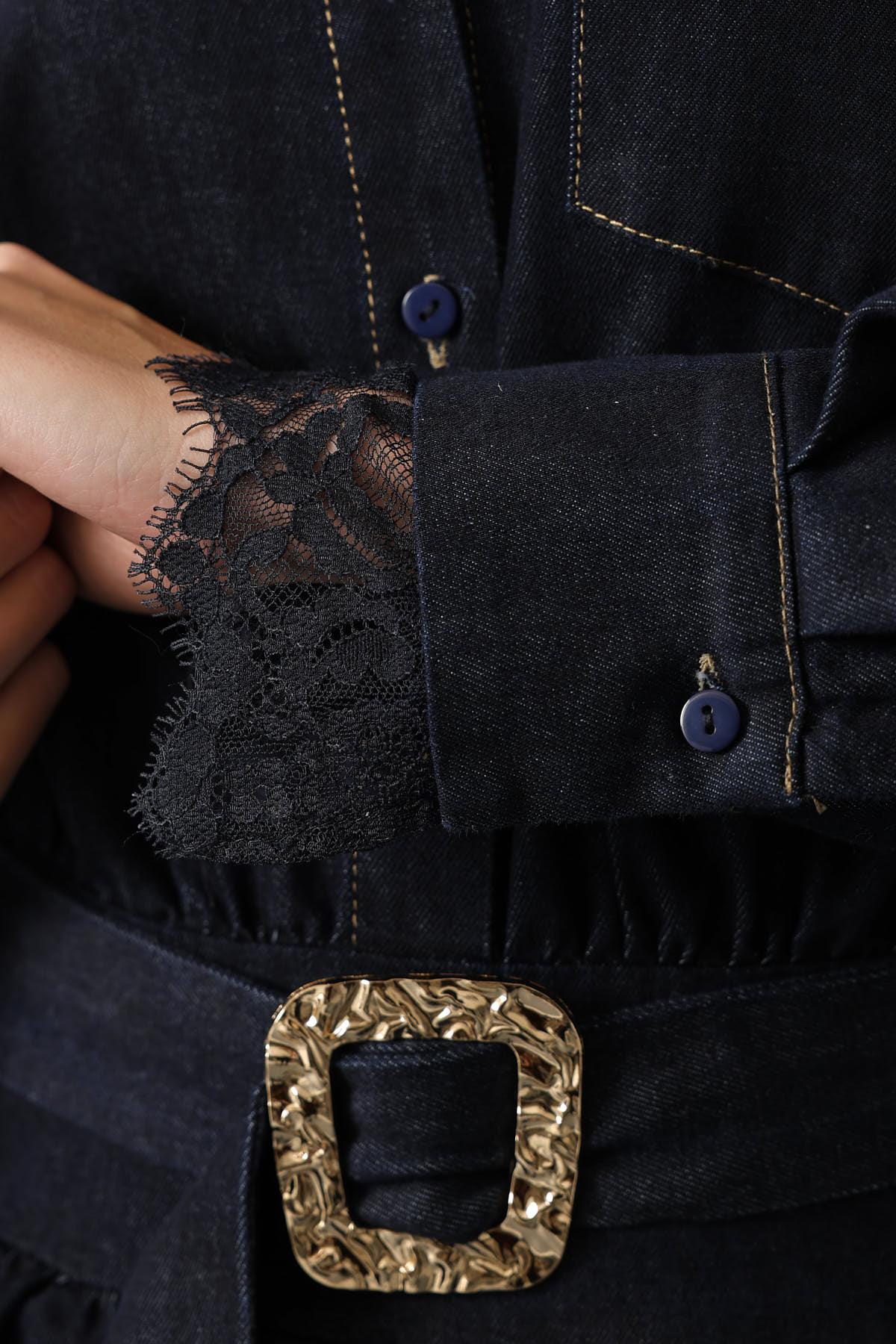 DANTELLİ KEMER DETAY DENİM ELBİSE - Lacivert