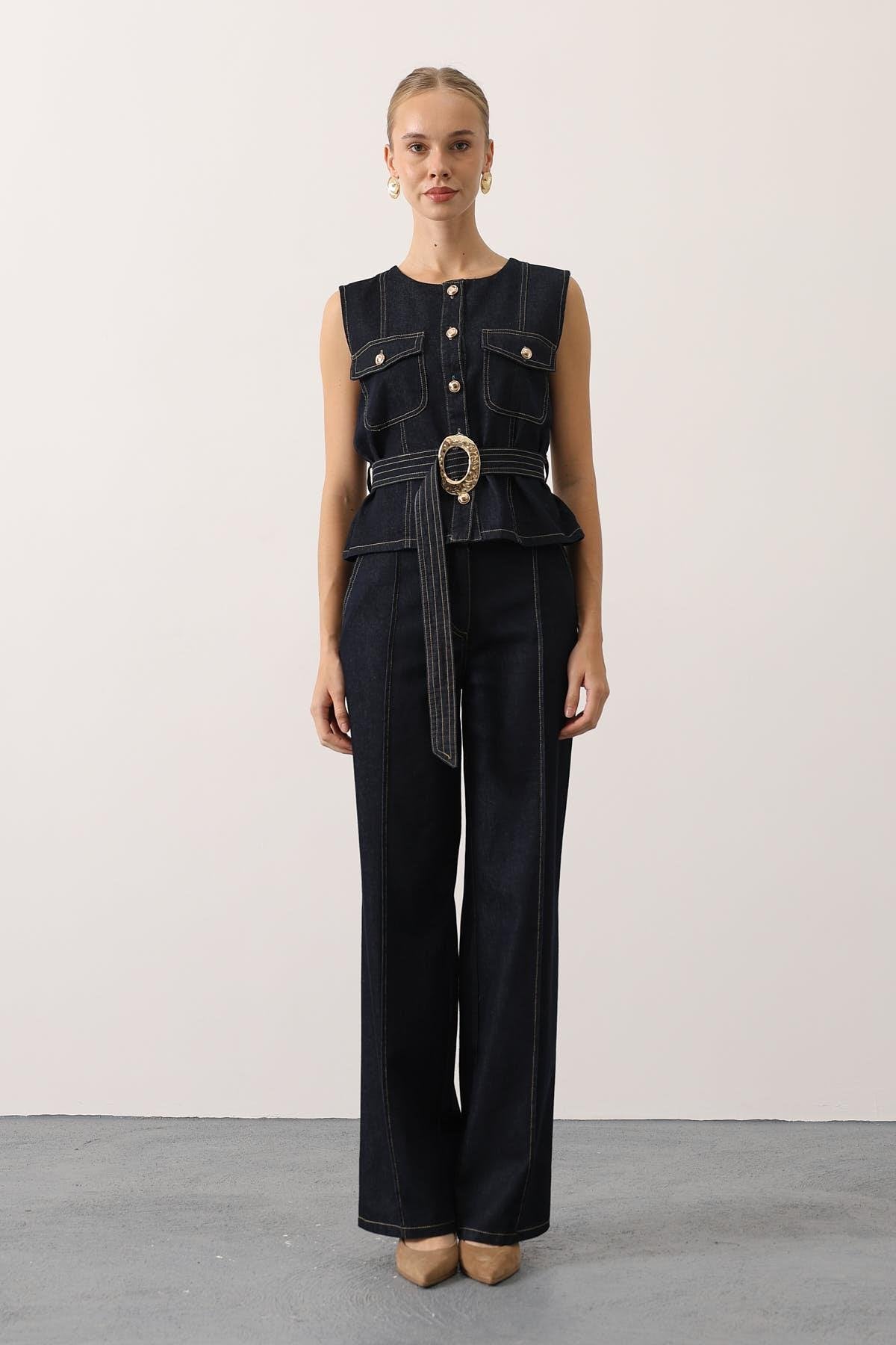 GOLD DETAYLI DENİM TAKIM - Lacivert