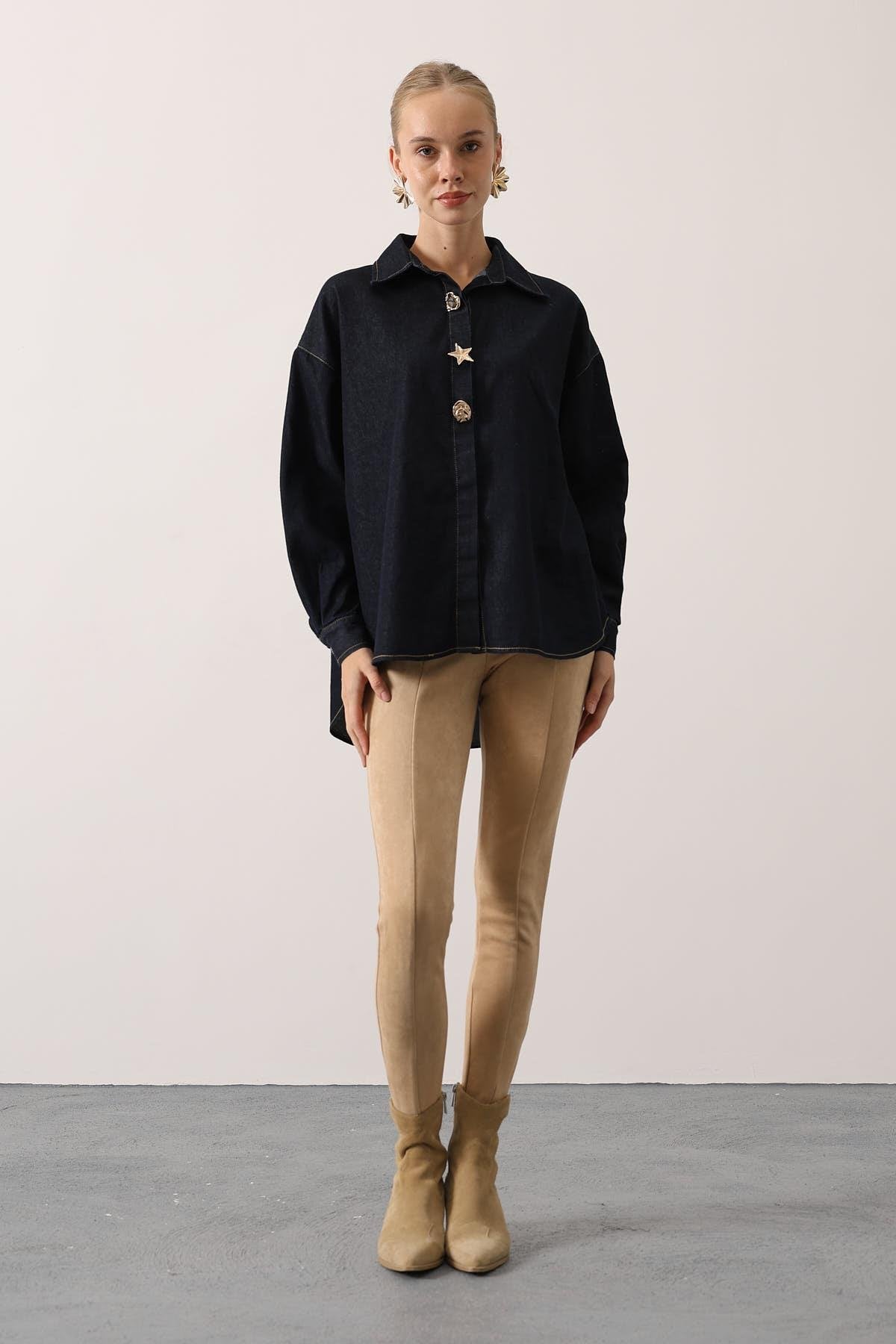 GOLD DETAYLI OVERSİZE DENİM GÖMLEK - Lacivert