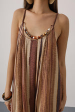 Kolye Detaylı Çizgili Elbise - Kahve