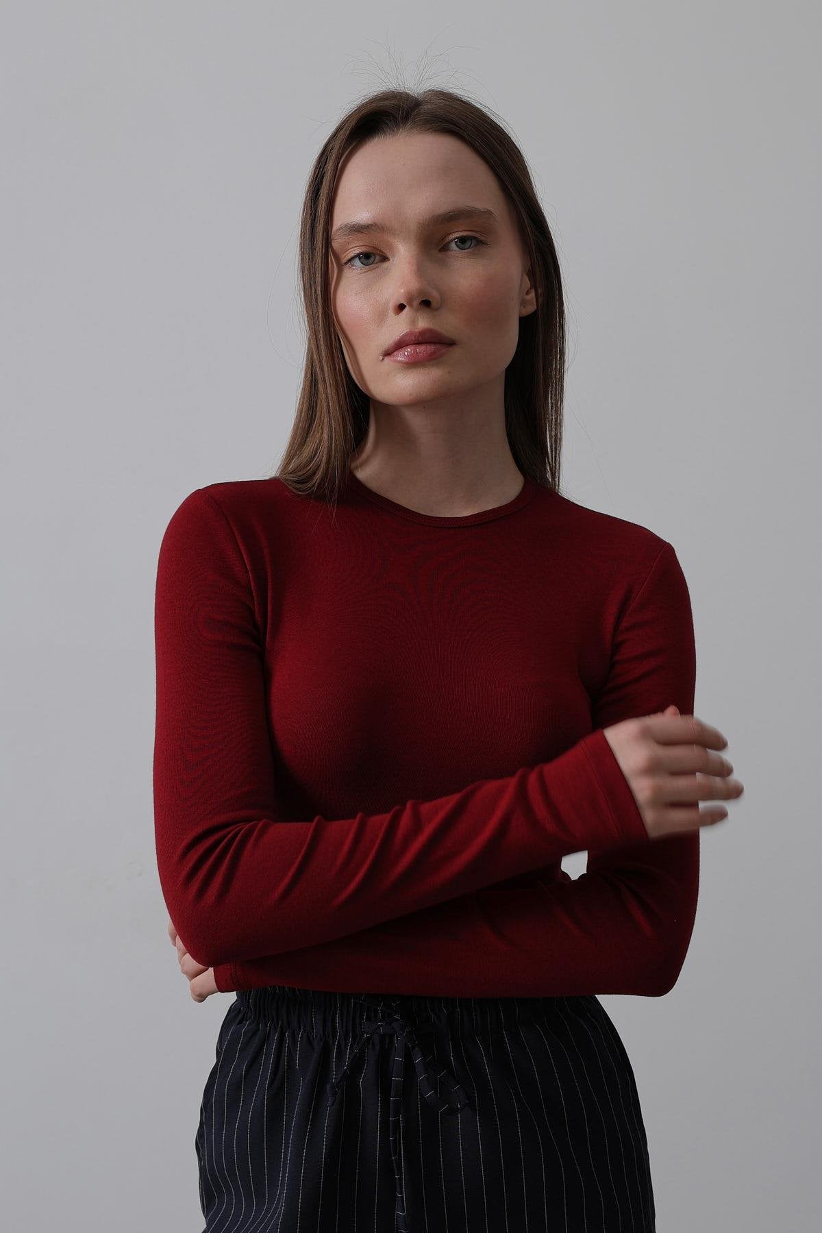 Uzun Kol Crop Top - Bordo