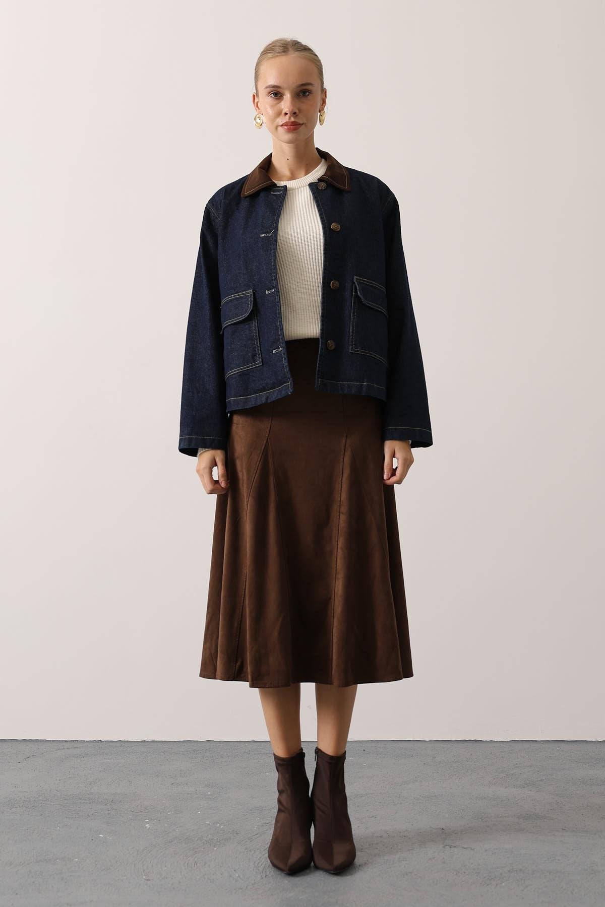 YAKASI KONTRAST DENİM OVERSİZE CEKET - Lacivert