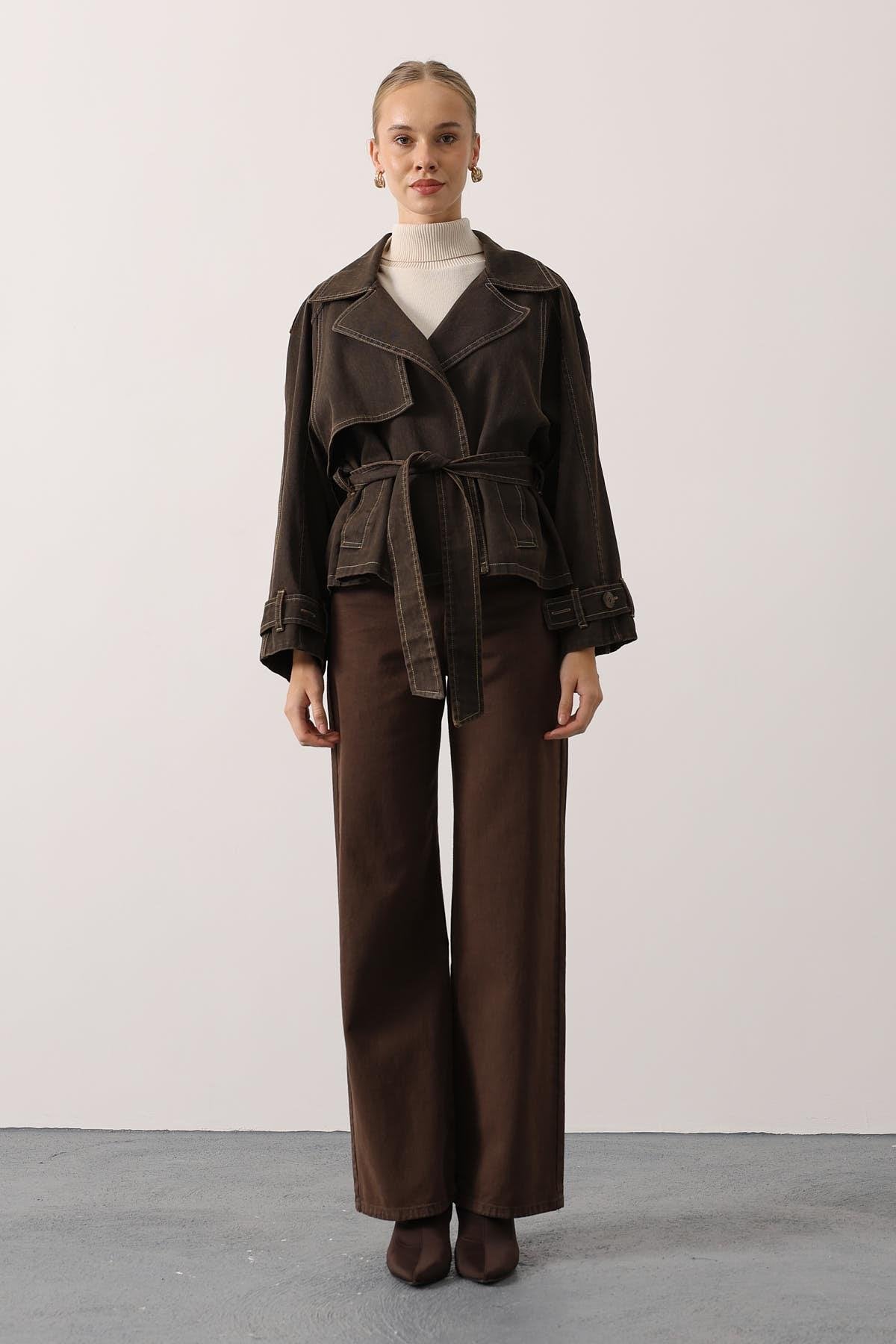 YIKAMA EFEKTLİ BAĞLAMALI DENİM CEKET - Kahve