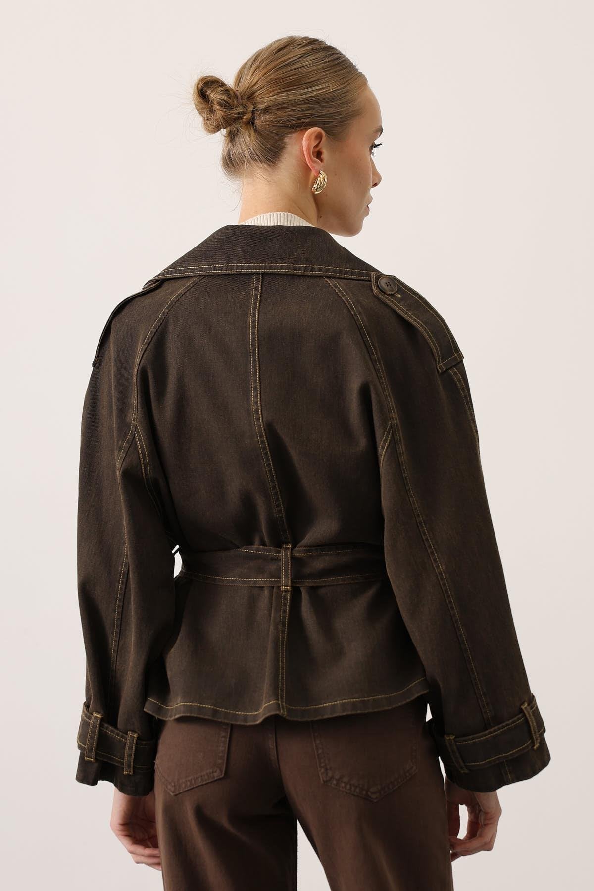 YIKAMA EFEKTLİ BAĞLAMALI DENİM CEKET - Kahve