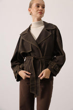 YIKAMA EFEKTLİ BAĞLAMALI DENİM CEKET - Kahve